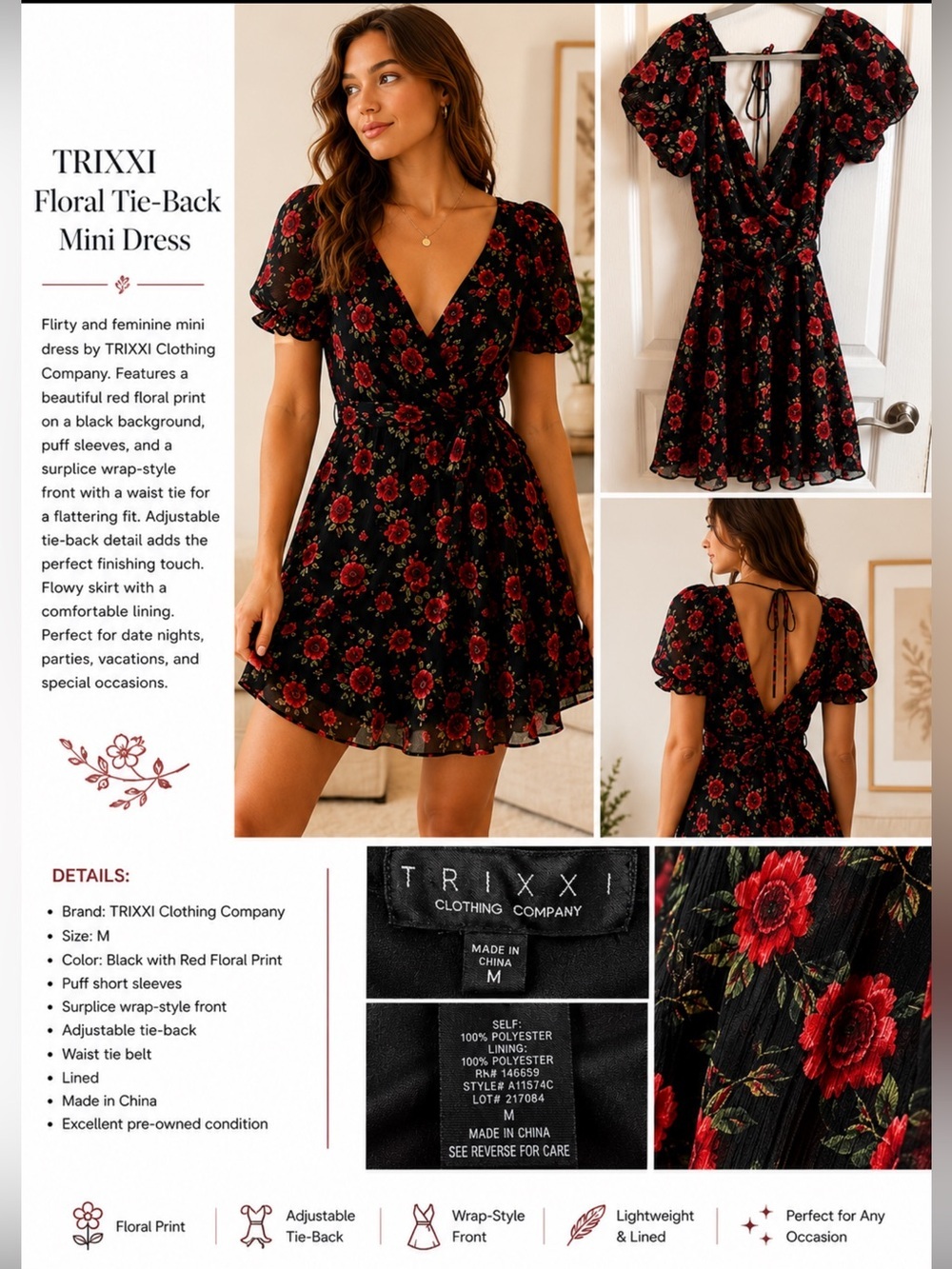 TRIXXI Black Red Floral Mini Dress Puff Sleeve Tie Back Size M
